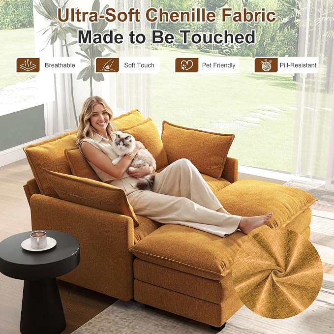 58" Cloud Couch Loveseat, Deep Seat Modular Sectional Sofa with 4 Removable Washable Pillows and 2 Ottoman for Living Room, Bedroom, Apartment, Orange