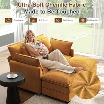 58" Cloud Couch Loveseat, Deep Seat Modular Sectional Sofa with 4 Removable Washable Pillows and 2 Ottoman for Living Room, Bedroom, Apartment, Orange