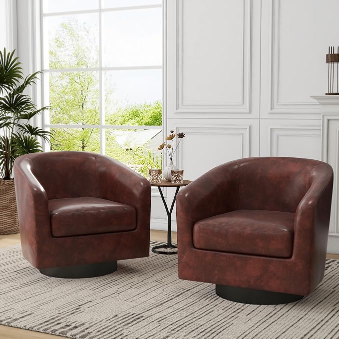 PU Leather Swivel Barrel Accent Chair, Upholstered Armchair Club Chair for Living Room, Round Arm Chair Bedroom Single Sofa Reading Seat - Red Brown