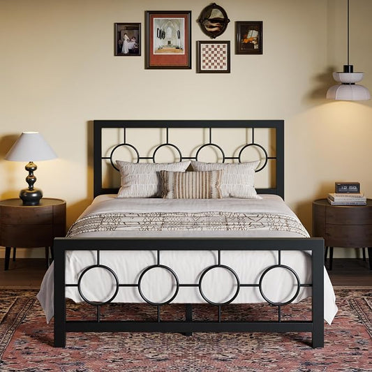 SHA CERLIN Full Size Metal Bed Frame with Vintage Circular Design Headboard and Footboard,No Box Spring Required,Easy Assembly,Noise-Free,Black