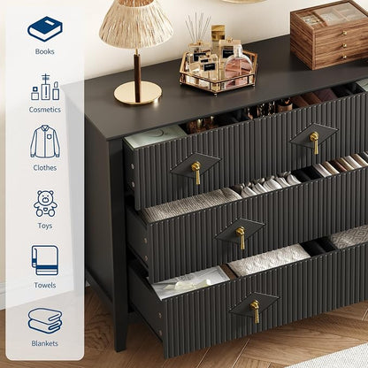 GarveeHome Fluted Dresser for Bedroom, 54 Inch Wide 7-Drawer Wood Dresser, Modern Chest of Drawers, Storage Organizer Cabinet for Living Room, Hallway, Entryway, Black