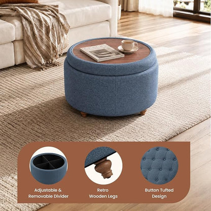 25Inch Round Ottoman with Storage, Tufted Fabric Modern Circle Ottoman with Reversible Tray Lid and Wood Legs, Multi-Functional Small Coffee Table for Living Room, Bedroom, Blue