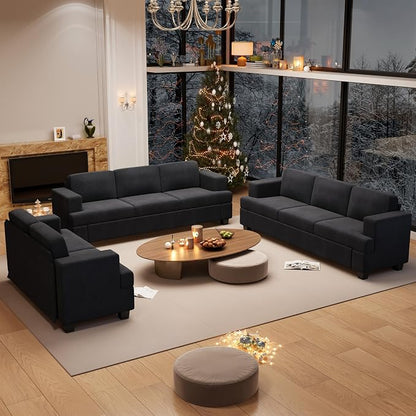 YOUDENOVA 3 Pieces Corduroy Couch Set for Living Room, 8 Seats Cloud Sofa, Deep Seat Floor Couch for Bedroom, Futon Modern Sofa Sectional Bed, Black Corduroy