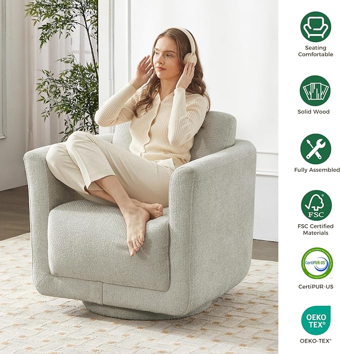 Swivel Accent Chair, 360° Barrel Chair with Solid Wood Frame & Removable Ergonomic Support Back Cushion, Fully Assembled Chenille Armchair for Living Room & Bedroom, Gray