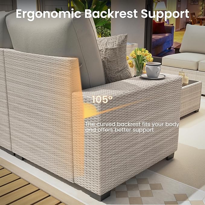 8 Piece Outdoor Patio Furniture Set, Outdoor Sectional Furniture, Rattan & Wicker Modern Modular Conversation Set Sofa Couch W/Water Resistant Washable Thick Cushions and Coffee Table, Peacockblue