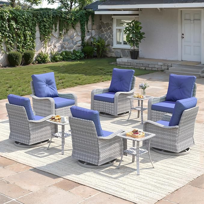 9-Piece Patio Furniture Set, Outdoor Swivel Rocking Chairs with 4" Thick Cushions & Side Table, All-Weather PE Rattan & Rust-Resistant Steel Frame Conversation Set for Porch, Garden, Backyard, Blue
