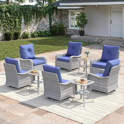 9-Piece Patio Furniture Set, Outdoor Swivel Rocking Chairs with 4" Thick Cushions & Side Table, All-Weather PE Rattan & Rust-Resistant Steel Frame Conversation Set for Porch, Garden, Backyard, Blue