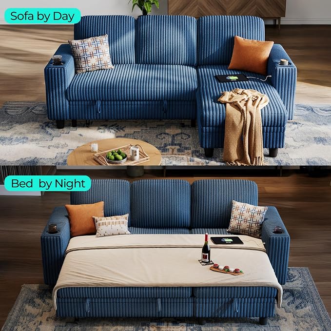 LINSY HOME Sectional Sleeper Sofa with Pull Out Couch Bed Convertible Plush Corduroy Cloud Couch with Storage Chaise & USB Charging, Comfy L Shaped Modular Couches for Living Room Apartment (Blue)