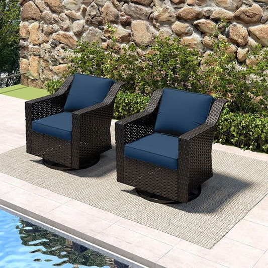 Patio 2 Pieces Wicker Swivel Chairs Set of 2，Outdoor PE Rattan Rocking Glider Armchairs, Water-Resistant Cushions with Removable and Washable Covers, Porch, Balcony, Sunroom (Navy Blue)