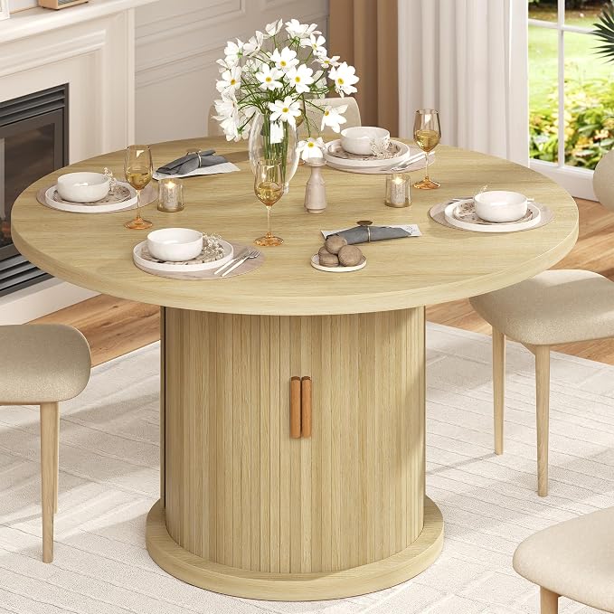 47.24" Round Dining Table for 4, Farmhouse Fluted Kitchen Tables Dining Room Circle Dinner Table, Modern Wood Kitchen & Dining Room Tables