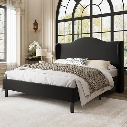 Allewie Full Size Bed Frame, Upholstered Wingback Platform with 47" Tall Tufted Headboard, Plush Velvet Fabric, Modern Minimalist Design, No Box Spring Required, Tool-Free Assembly, Black