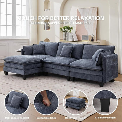 Opiesit Modular Sectional Sofa with Movable Ottoman, 110" 4-Seat Modern Couches for Living Room, Comfy L Shaped Couch Set with Deep Seat for Office and Apartment, Blue Chenille Fabric