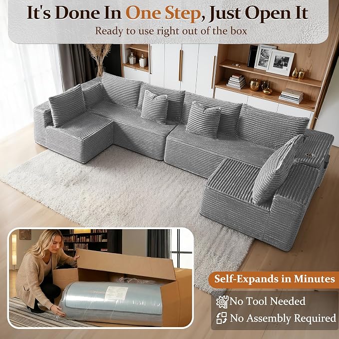 138" Cloud Sectional Couch, Comfort U Shaped Sofa for Living Room, Extra Deep Seats No Assembly, Minimalist Modular Couch, Corduroy (Light Grey, 6 Seats,U-Shape B)