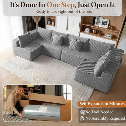 138" Cloud Sectional Couch, Comfort U Shaped Sofa for Living Room, Extra Deep Seats No Assembly, Minimalist Modular Couch, Corduroy (Light Grey, 6 Seats,U-Shape B)