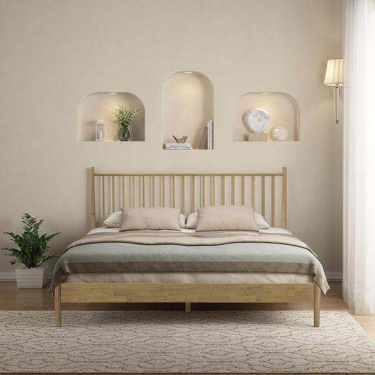 NTC Inno Wooden Bed Frame with Headboard, Solid Oak and Rubber Wood Foundation with Silent Slats and Wood Central Supports, 1000 Lb Capacity, Effortless Assembly, King - Sand