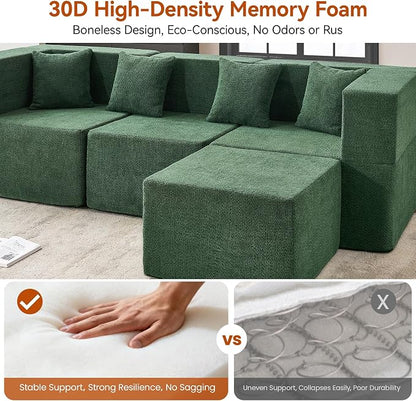 MONVANE 103'' Modular Sectional Sofa, Comfy Teddy Velvet Cloud Couch with Ottoman, Modern Convertible L Shaped Couch with Deep Seat, Sectional Couches for Living Room, Bedroom and Apartment, Green