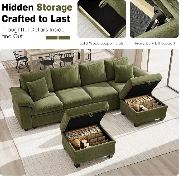 Ihanherry 108" Modular Sectional Sofa with Pull Out Bed, 6-Seater U Shaped Sectional Sleeper Couch with Storage Ottoman, Chenille Convertible Couches for Living Room, Apartment (Green)