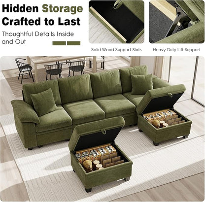 Ihanherry 108" Modular Sectional Sofa with Pull Out Bed, 6-Seater U Shaped Sectional Sleeper Couch with Storage Ottoman, Chenille Convertible Couches for Living Room, Apartment (Green)