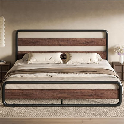 SHA CERLIN King Size Metal Bed Frame with Wooden Headboard and Footboard, Heavy Duty Platform Bed Frame with 10" Under-Bed Storage, Noise-Free, No Box Spring Needed, Mahogany