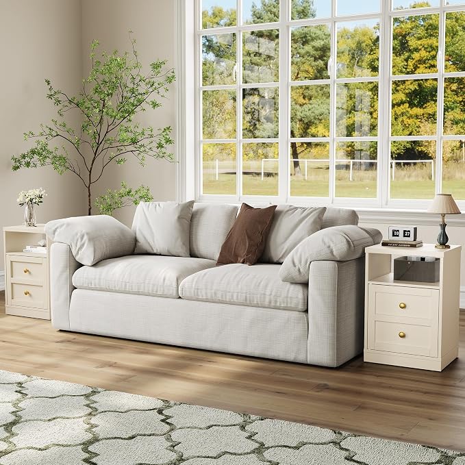 RoyalCraft Beige Nightstand with Storage Shelf and Door, Faux Two-Drawer Design Side Table, Modern Night Stand for Bedroom Dorm, Wood End Table for Small Spaces