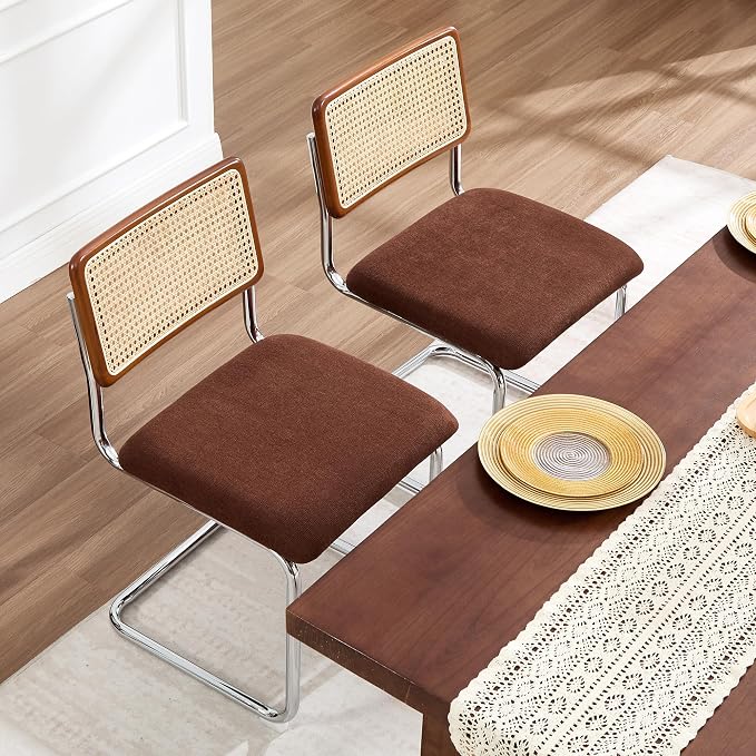 Zesthouse Rattan Dining Chairs Set of 4, Mid Century Modern Dining Room Chairs with Natural Cane Mesh & Chrome Base, Brown Cesca Chair Chenille Fabric, Farmhouse Kitchen Chair with Solid Wood Back