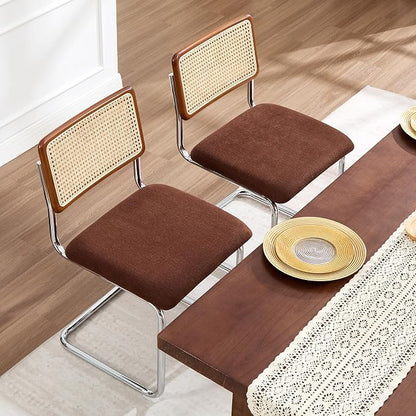 Zesthouse Rattan Dining Chairs Set of 2, Mid Century Modern Dining Room Chairs with Natural Cane Mesh & Chrome Base, Brown Cesca Chair for Kitchen, Breuer Design Inspired, Upholstered Chenille Fabric