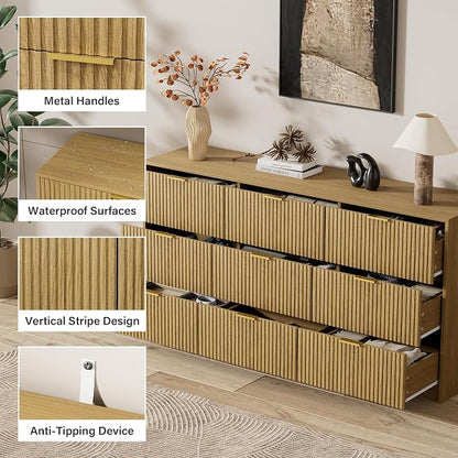 Furniway 3 Piece Bedroom Set, 9 Drawer Dresser and 3-Drawer Nightstand Set of 2 with Gold Handles, Mid-Century Modern Wood Chest of Drawers Storage Cabinet for Bedroom, Natural Oak