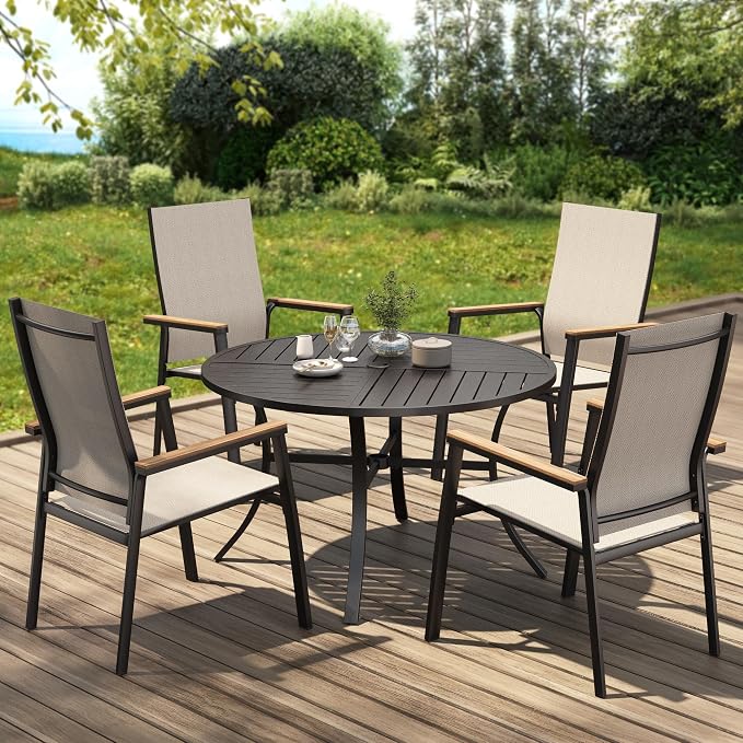 PHI VILLA 5 Pcs Outdoor Patio Dining Set with 4 Stackable Aluminum Dining Chairs & 1 Large Round Dining Table, Extra Wide Textilene Mesh Fabric Chair and 42" Metal Round Table for All Weather, Beige