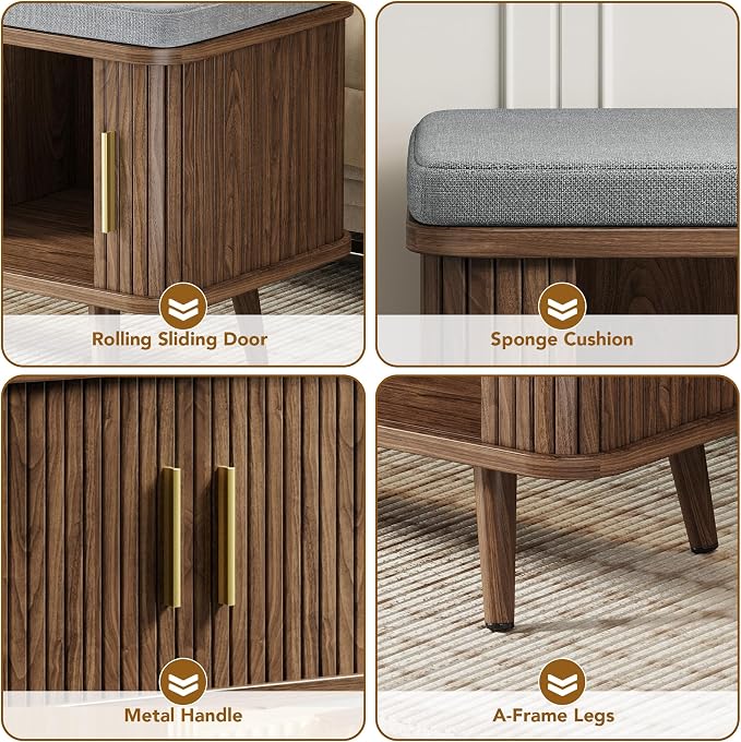 Decofy Shoe Storage Bench with Cushion and Sliding Doors, 39 Inch Shoe Bench with Storage, Freestanding Entryway Bench with Shoe Storage, with Solid Wood Legs, for Hallway & Entrance Hall, Walnut