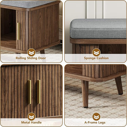 Decofy Shoe Storage Bench with Cushion and Sliding Doors, 39 Inch Shoe Bench with Storage, Freestanding Entryway Bench with Shoe Storage, with Solid Wood Legs, for Hallway & Entrance Hall, Walnut