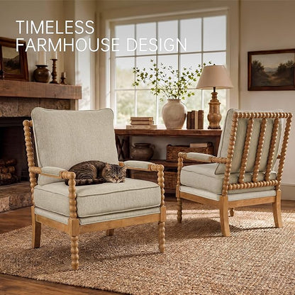Morden Fort Linen Fabric Spindle Accent Chairs Set of 2, French Style Chairs with High Resilience Spring Cushion and Armrest Pads, Leisure Armchair for Living Room Bedroom Farmhouse Office Balcony