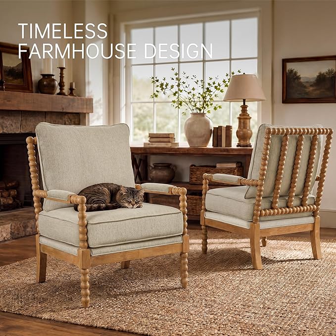 Morden Fort Linen Fabric Spindle Accent Chair with Wood Frame, French Style Accent Chairs with Padded Spring Seat and Armrest Pads, Brushed Base for Living Room Bedroom Farmhouse Office Balcony(Beige)