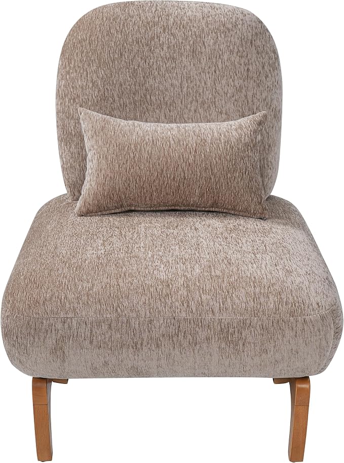Merax Linen Accent Chair with Curved Wood Base and Lumbar Pillow, Espresso + Natural