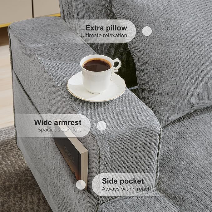 Korser 89" Couches for Living Room with Deep Seats, 3 Seater Sofa Couch, Mid Century Modern Chenille Sofa with Armrests, Upholstered Comfy Sofas for Living Room, Bedroom, Apartment, Office (Pewter)