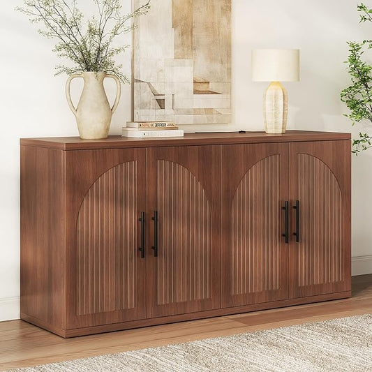MapleGrace 63" Fluted Buffet Cabinet with Storage, Mid-Century Symmetrical Arched Sideboard Credenza with Adjustable Shelf, Large Wood Console Table for Dining Room, Kitchen, and Living Room (Walnut)