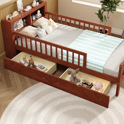 Kids Twin Size Bed Frame with Storage Drawers and Bookcase,Wood Twin Bed Frames for Kids,Twin Bed Frame with Headboard and Footboard for Boys Girls,No Box Spring Needed,Walnut