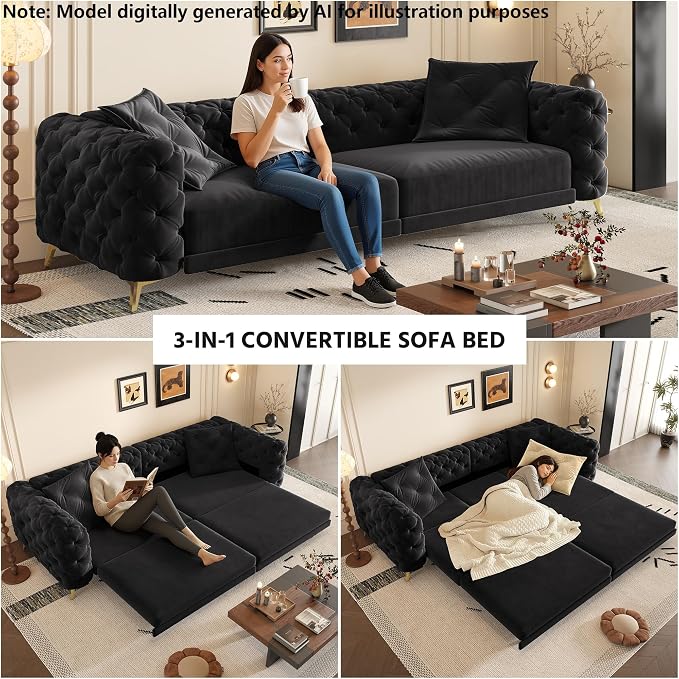 97.7'' Pull Out Sofa Bed King, Chesterfield Velvet Sleeper Sofa, Convertible L-Shaped Futon Couch, Tufted Back, Ottoman, Deep Seat Loveseat Couches for Living Room, Apartment, Black