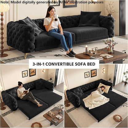 97.7'' Pull Out Sofa Bed King, Chesterfield Velvet Sleeper Sofa, Convertible L-Shaped Futon Couch, Tufted Back, Ottoman, Deep Seat Loveseat Couches for Living Room, Apartment, Black