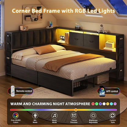 MapleGrace Full Corner Bed Frame with Upholstered Storage Headboard and Drawers, Metal Platform Bed Frame with LED Light and Charging Station, Full Daybed for Living Room, Bedroom & Guest Room, Black