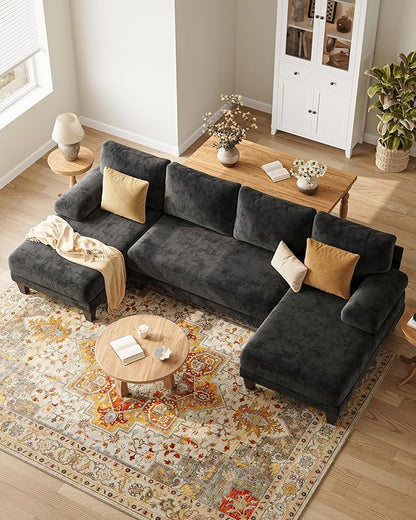 U-Shaped Sectional Couches for Living Room | 112 Inch Modern Sectional Couch | Black Chenille Sofa with Double Chaise for Apartment