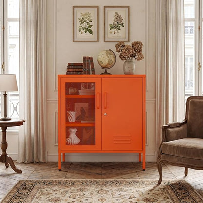 Orange Metal Locker CabinetsMetal Locker Storage Cabinet with Mesh Doors and Adjustable Shelves Coffee Bar Cabinet,Kitchen Pantry Storage Cabinets for Home, Office, Entryway and Hallway ﻿