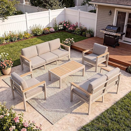 7-Seater Beige Aluminum Patio Conversation Set, Outdoor Sectional Sofa Set with Coffee Table, 1.5mm Thick Powder-Coated Frame, Weather Resistant Outdoor Furniture with Washable Waterproof Cushions