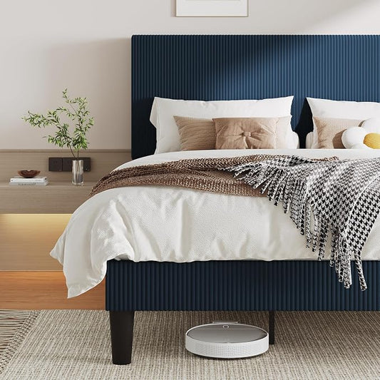 Allewie King Size Upholstered Bed Frame with Vertical Channel Tufted Headboard, Soft Corduroy Fabric Platform Bed, Strong Wooden Slats Support, Easy Assembly, No Box Spring Needed, Dark Blue