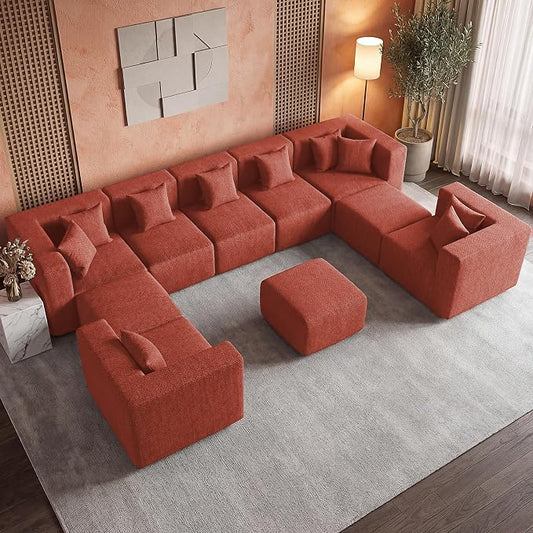 MONVANE Modular Sectional Sofa, Oversized 10 Seat Convertible U Shaped Couch with Ottoman, Comfy Chenille Cloud Couch with Deep Seat, Sectional Couches for Living Room, No Assembly Required, Rust Red