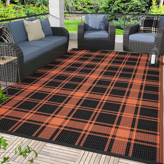 GENIMO Waterproof Outdoor Rug for Patio Clearance, 6'x9' Reversible Plastic Straw Rugs, Lightweight RV Camping Mat for Camper, Balcony, Deck, Backyard, Picnic, Black Orange Plaid