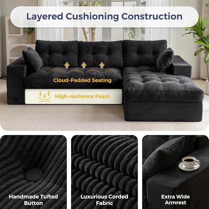 MAXYOYO 104" L Shaped Modular Sectional Sofa with Ottoman, Cloud Boneless Couch with Layered Cushion, Upholstered Sofa Flexible Module Combination for Living Room, No Assembly, Black