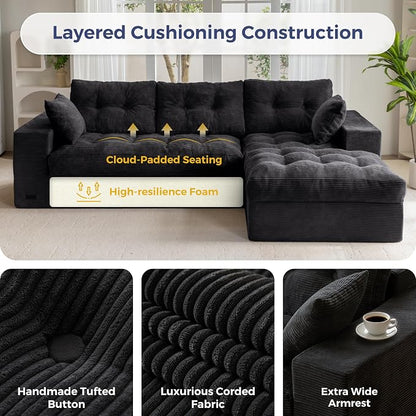 MAXYOYO 104" L Shaped Modular Sectional Sofa with Ottoman, Cloud Boneless Couch with Layered Cushion, Upholstered Sofa Flexible Module Combination for Living Room, No Assembly, Black