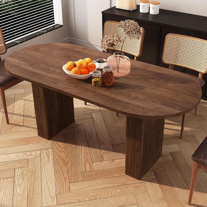 70.8 Inch Oval Dining Table for 4-6 People, Kitchen Table with Wood Strip Base, Modern Farmhouse Round Dining Room Tables for Kitchen Living Room (Walnut)