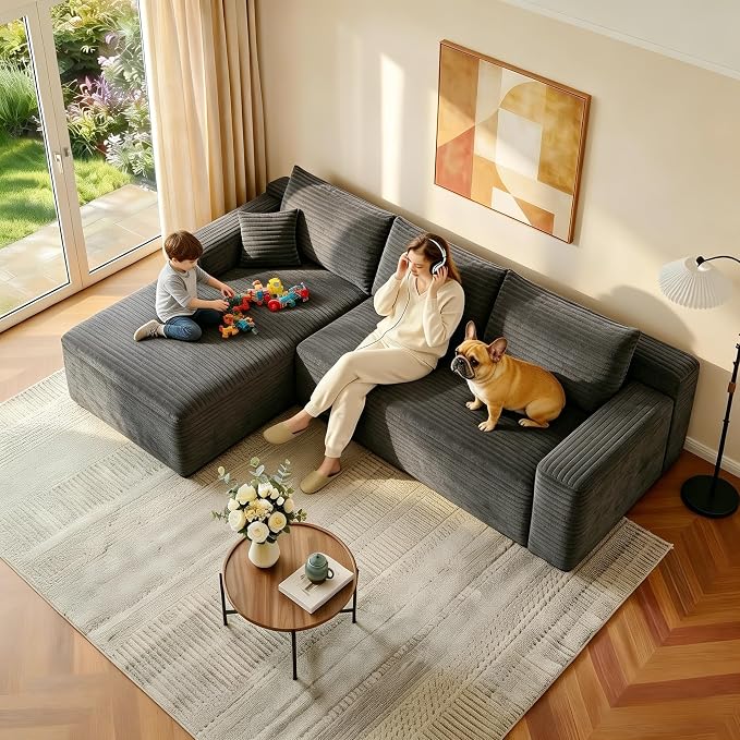 JINGLING 94" L Shape Couch with Left Chaise, Memory Foam Boneless Sectional Sofa in a Box, No Assembly Modular Small Couches for Small Spaces, Living Room, Apartments, Plush Corduroy, Dark Grey