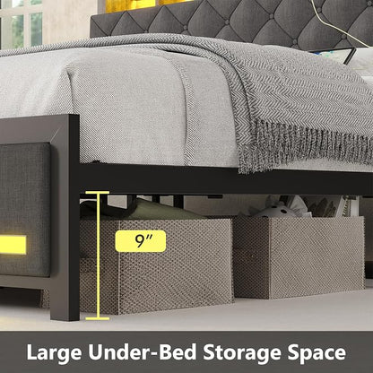 Dnxao King Size Bed Frame with Storage and Upholstered Headboard,Heavy Duty Metal Platform Bed with LED Lights,Charging Station & Hidden Shelves,Noise-Free,No Box Spring Needed,1200lbs,Gray